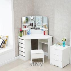 White Wood Corner Dressing Table Corner Makeup Desk 5 Drawer 3 Mirror and Stool