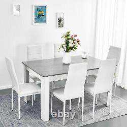 Wooden Dining Table Set Gray with6 Faux Leather Chairs White Kitchen Furniture