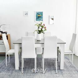 Wooden Dining Table Set Gray with6 Faux Leather Chairs White Kitchen Furniture