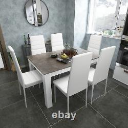 Wooden Dining Table Set Grey&White with 6 Faux Leather Chairs Modern Furniture