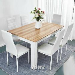 Wooden Dining Table Set Oak and White 6 Faux Leather Chairs Kitchen Furniture